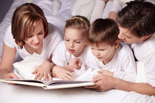 image of family reading in upstairs bedroom
