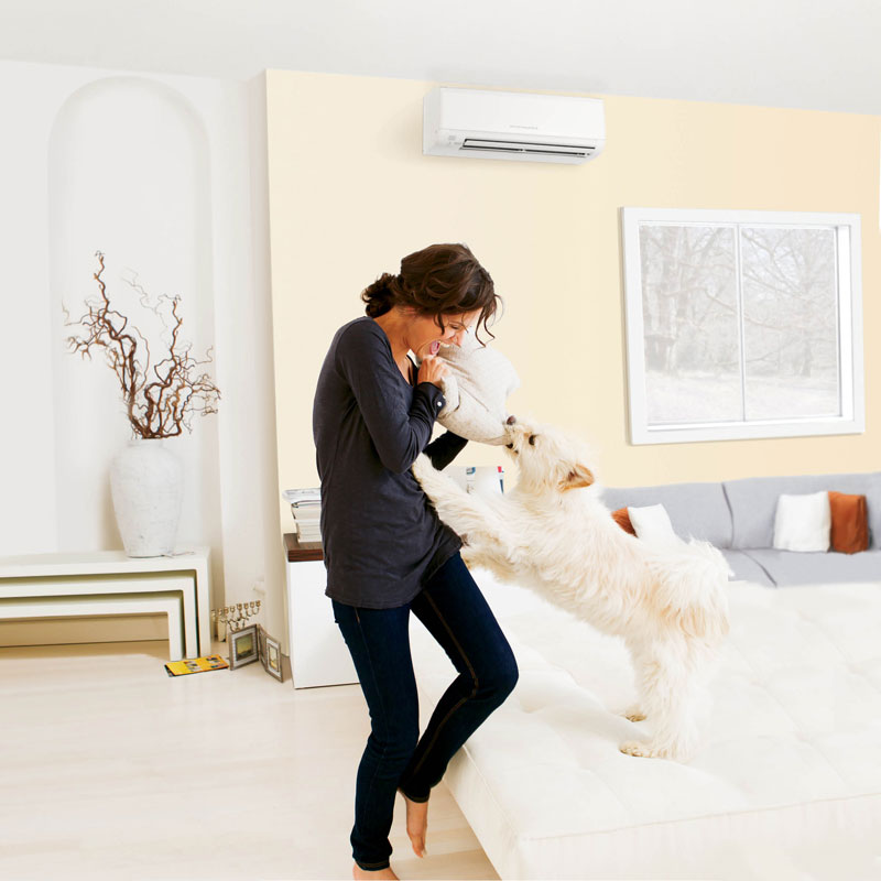 Woman with dog in home with ductless